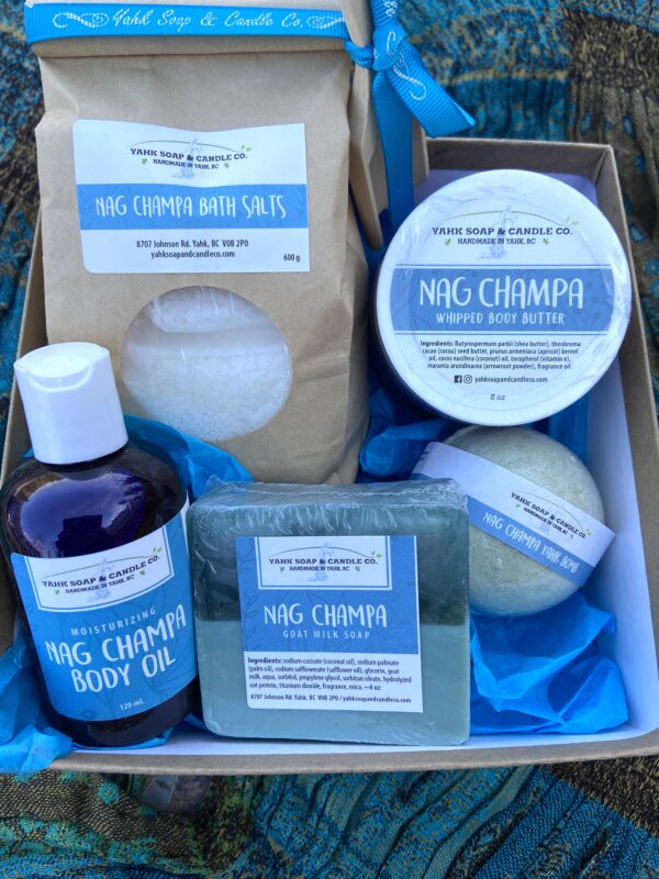 the Nag Champa gift box contains body oil, bath salts, whipped body butter, goat milk soap, and a bath balm in the nag champa scent